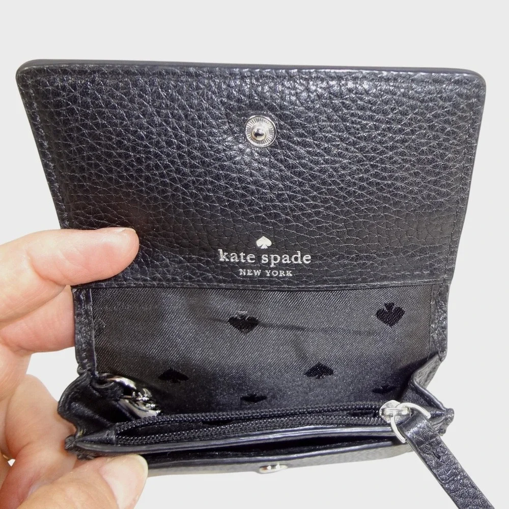 Kate Spade New York Small Flap Bifold Compact‎ Wallet in Black Pebbled Leather